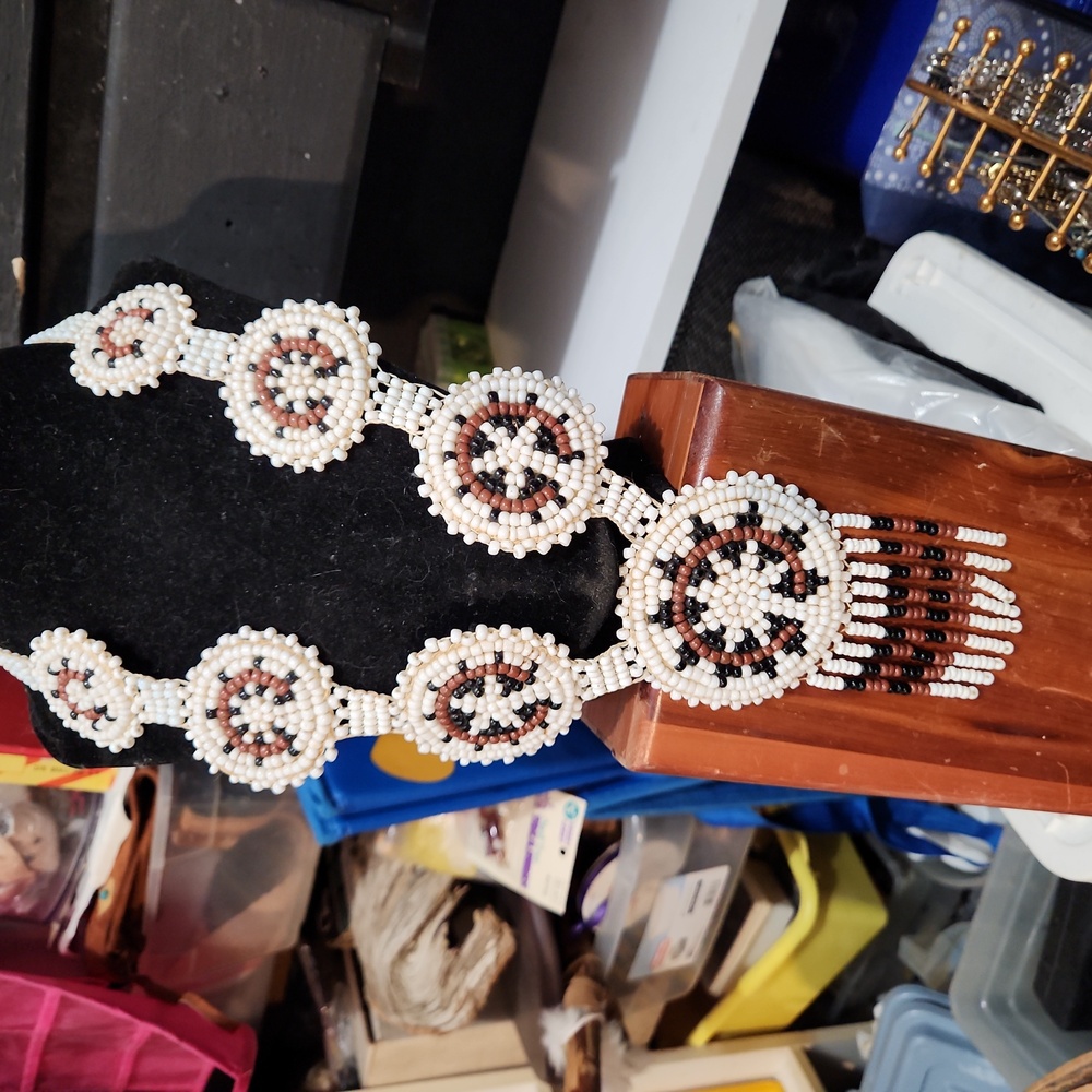 Hand Crafted White, Brown and Black Beaded Medallion Fringe Necklace